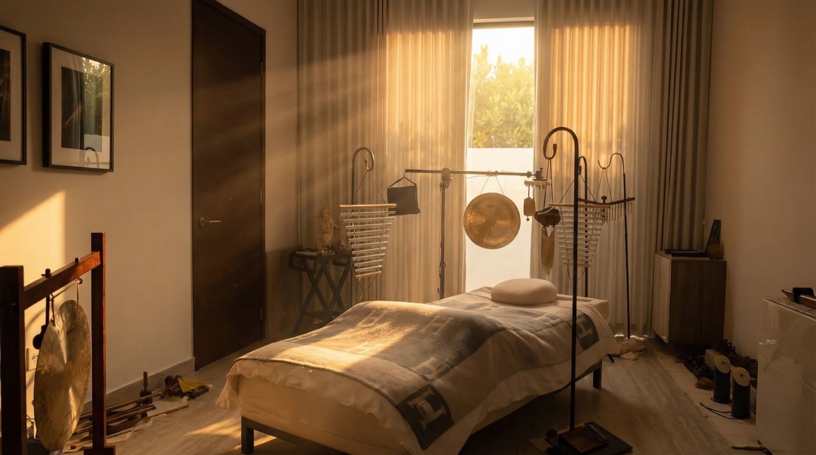 OfSonicAlchemy treatment room in golden hour light — vibroacoustic bed, gongs, and singing bowls